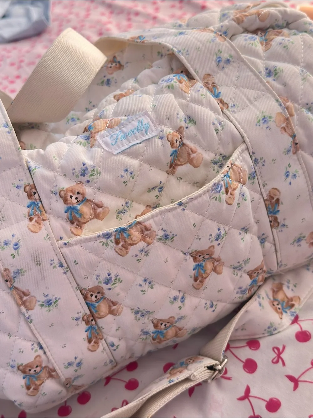 Quilted Teddy Print diaper Bag - White / Cream